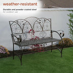 Alpine Corporation 45" Long Outdoor Metal Classic Bench with Stylish Patterns, Garden Furnitures - Brown