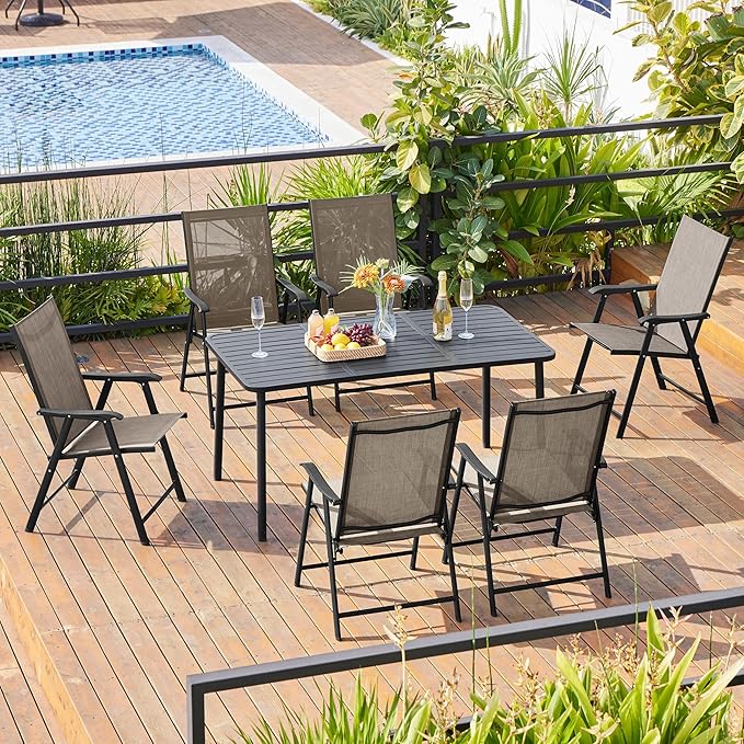 Yaheetech Patio Dining Chairs Set of 2, Portable Dining Chairs with Armrests for Camping, Lawn and Beach, Folding Patio Chairs 2-Pack of Metal Frame, Brown