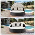 Patio Furniture Round Outdoor Daybed with Retractable Canopy Wicker Rattan Sectional Sofa for Lawn Garden Backyard Pool (Beige)