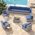 8-Seat Modern Patio Furniture Set with Swivel Rocking Chairs, Thick 4″ Cushions, Dual-Strand Wicker Rattan, Rust-Resistant Steel Frame – Outdoor Conversation & Modular Sectional,Navy