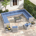 14-Seat Outdoor Wicker Patio Furniture Set with Fire Pit Table, Modular Rattan Sectional Sofa & 2 Swivel Rocking Chairs, 4" Thick Cushions, Rust-Resistant Frame,Navy