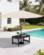 SERWALL Outdoor Coffee Table with 9FT Umbrella, HDPE Patio Coffee Table for Outside, Rectangle, Black(Not Include Umbrella Base)