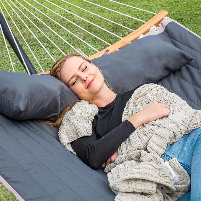 SUNCREAT Portable Double Hammock with Curved Spreader Bar, 450 lbs Capacity, Heavy Duty Outdoor Hammock with Outer Bag, Dark Gray