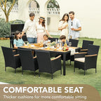 Devoko Outdoor Patio Dining Sets 9 Pieces Wicker Outdoor Dining Table and Chairs Set with Acacia Wood Table Top and Widened Armrests for Backyard, Garden, Deck (Black)