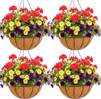 12 inch Metal Hanging Baskets For Plants Outdoor 4 Pack Round Metal Wire Hanging Basket Planter with Coco Fiber Liners Chain Round Wire Plant Holder for Garden, Patio, Deck, Porch Plants Flower Potss