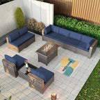 Kullavik 10 Pieces Outdoor Patio Furniture Set with 43" 55000BTU Gas Propane Fire Pit Table PE Wicker Rattan Sectional Sofa Patio Conversation Sets,Navy Blue