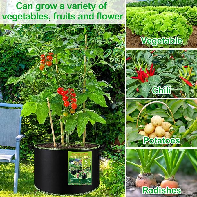 NACHLYNN 5-Pack 15 Gallon Grow Bags Thickened Nonwoven Fabric Pots Heavy Duty Aeration Fabric Pots with Handles Plant for Gardening Fruits Flowers Plant