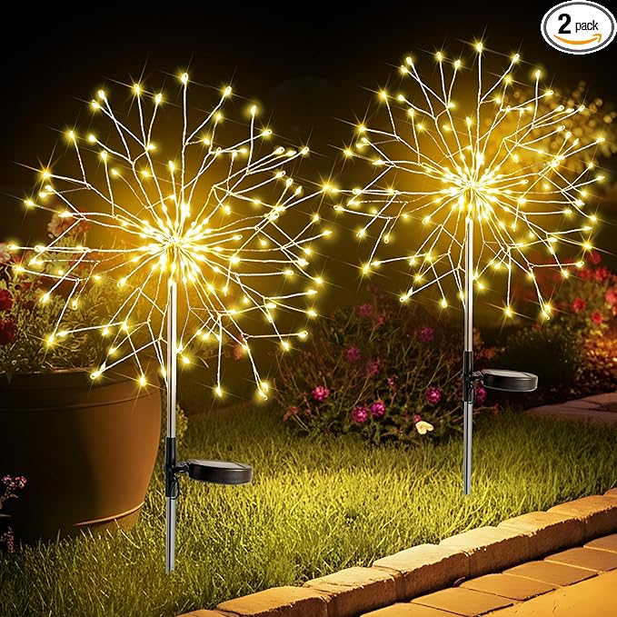 suddus Solar Garden Lights Outdoor Waterproof Decorative, Upgrade 2Pack 150LED Firework Lights, Solar Fairy Lights for Yard, Garden, Party, Patio, Pathway, Flowerbed - Warm White