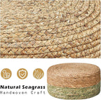 Wimarsbon Round Foot Stool Natural Seagrass Poufs Ottoman Hand Weave Footrest Stool for Couch Desk Extra Seat Step Stool with Solid Wood Legs for Hallway Patio Lounge Green