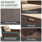 LHBcraft Balcony Furniture 5 Piece Wicker Patio Furniture Set, Outdoor Hand-Woven Rattan Lounge Chairs with Tempered Glass Coffee Table, Ottomans & Soft Cushions for Front Porch, Garden, Brown