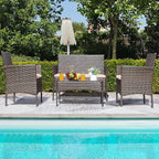 Greesum Patio Furniture 4 Pieces Conversation Sets Outdoor Wicker Rattan Chairs Garden Backyard Balcony Porch Poolside loveseat with Soft Cushion and Glass Table, Brown and Beige