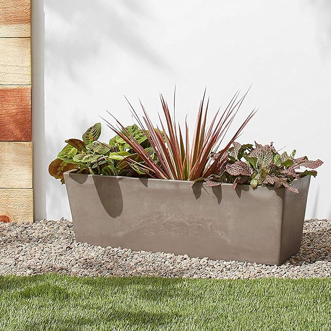 Arcadia Garden Products U65TP Plastic/Stone/Wood Composite Simplicity Window Box, No Drainage Hole (Drillable), Wide Tapered Planter, Patio Plant Container, Indoor Outdoor Planter, 25.5" x 9, Taupe