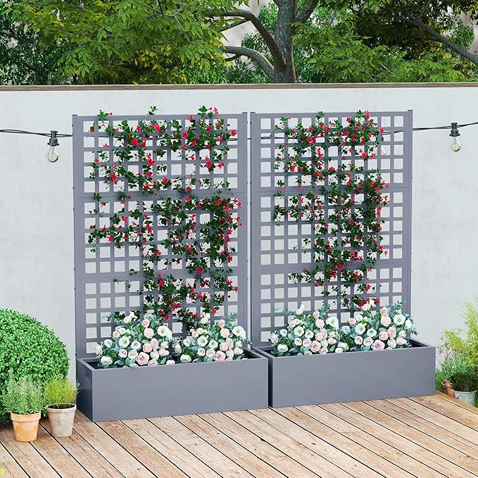Outsunny Galvanized Raised Garden Bed with Trellis, Metal Planter Box with Drainage Holes, Outdoor Privacy Screen for Climbing Plants, Vegetable, Vines, 43" x 16" x 70", 2 Pack, Gray Wood Effect
