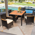 Flamaker 5 Piece Patio Dining Set Outdoor Acacia Wood Table and Chairs with Soft Cushions Wicker Patio Furniture for Deck, Backyard, Garden