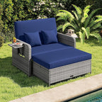 Tangkula Patio Rattan Daybed with 4-Level Adjustable Backrest, Outdoor PE Wicker Loveseat with Storage Ottoman & Folding Side Table, Double Sunbed for Balcony, Backyard & Poolside, Navy & Grey