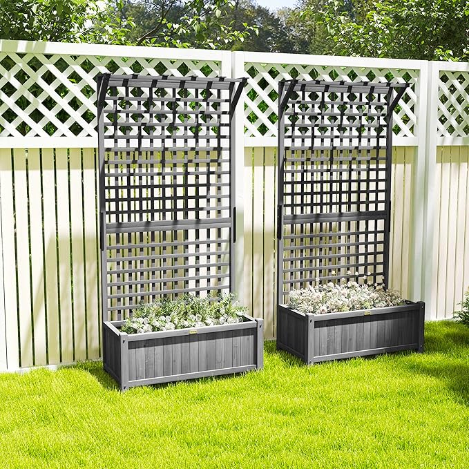 Outsunny Wood Planter with Trellis, Raised Garden Bed for Climbing Plants w/Drainage Holes and Roof, 35.5" x 17.75" x 72", Pack of 2, Dark Gray
