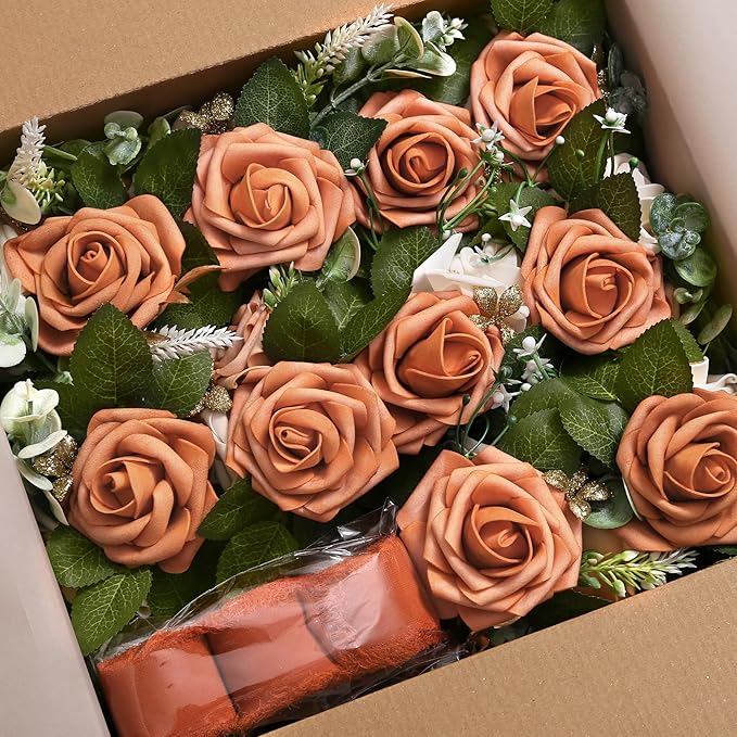 Artificial Flower Chair Decor Set of 10 with Terracotta Roses and Ribbon