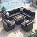 NICESOUL 9 Piece Modern Outdoor Furniture Set with Fire Pit Table, 8 Seat L-Shaped Extra Large Sectional Sofa Sets, 29.3'' High Back Comfy Modular Wicker Conversations, Natural Gas & Propane, Grey