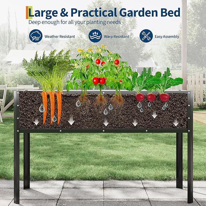 Galvanized Raised Garden Bed with Legs, 50×17×32 in Large Elevated Planter Box for Outdoor Plants, Sturdy Metal Raised Garden Beds for Vegetables, Flowers & Herbs, Backyard, Patio, Black