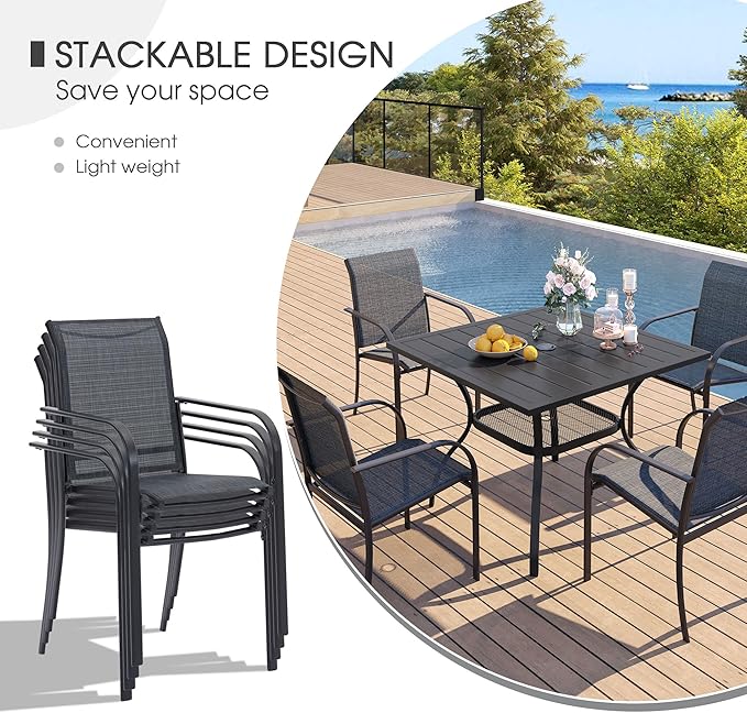 VICLLAX Patio Dining Set for 8, Outdoor Furniture Set Includes 53" Round Patio Table and 8 Patio Sling Chairs, Black Tabletop and Grey Fabric