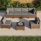 7 Pieces Patio Furniture Set, Outdoor Sectional Rattan Sofa Set, Wicker Patio Conversation Set with Cushions and Glass Coffee Table, for Balcony, Porch, Garden, Grey