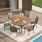 VICLLAX Patio Table and Chair Set of 6, All Weather Metal Round Outdoor Dining Furniture Set-50 Round Outdoor Table and Chairs, Walnut Wood Grain Tabletop