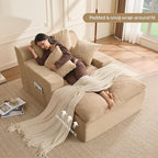 63" Chaise Lounge Chair Indoor, Set of Convertible Sleeper Sofa Couch with Throw Pillows & Side Pockets, Corduroy Upholstered Oversized Sofa Bed with Armrests for Living Room Bedroom, Camel