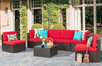 Vongrasig 7 Pieces Patio Furniture Sets, Outdoor Modular Sectional Sofa Patio Conversation Set PE Rattan Wicker Sectional Couch with Cushion, Glass Table for Patio, Garden, Poolside, Red