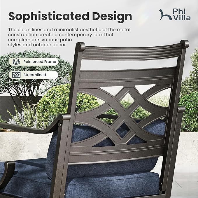 PHI VILLA 5 Pieces Outdoor Dining Set for 4, 42" Square Brown Metal Table with Umbrella Hole & Wrought Iron Chairs, All Weather Outside Furniture with Blue Cushions & Pillows for Patio, Deck, Porch