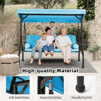 HOMREST 3 Seat Outdoor Porch Swing with Adjustable Canopy, Convertible Patio Swing Bed with Stand, Patio Glider Swing with Upgraded Cup Holder, Thicken Cushions ＆ Pillow for Backyard（Sky Blue）