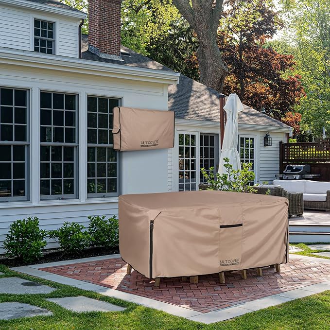 ULTCOVER Square Patio Heavy Duty Table Cover - 600D Tough Canvas Waterproof Outdoor Dining Table and Chairs General Purpose Furniture Cover Size 106 inch