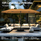 PHI VILLA 15ft Large Patio Umbrellas with Base, Outdoor Double-Sided Rectangle Market Umbrella for Pool Lawn Garden, Tawny