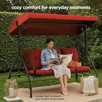 Porch Swing - 3-Seat Patio Outdoor Swing with Canopy for Adultes, Convertible Glider Bed, Thick Removable Cushions & Pillows for Backyard, Porch, Garden - Burgundy
