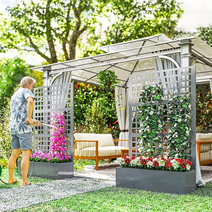 Outsunny Galvanized Raised Garden Bed with Trellis, Metal Planter Box with Drainage Holes, Outdoor Privacy Screen for Climbing Plants, Vegetable, Vines, 43" x 16" x 70", 2 Pack, Gray Wood Effect