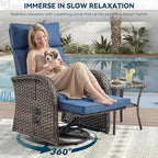 3 Pieces Zero Gravity Patio Swivel Rocking Recliner Chairs Set of 2 - Wicker Outdoor Lounge Chair with Side Table, Adjustable Backrest & Footrest, High Back Outdoor Recliner Chair for Pool Deck Blue