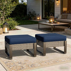 Joyside Outdoor Patio, All-Weather PE Rattan Ottomans Footstools with Removable Cushions & Anti-Rust Wood-Looking Legs for Garden, Backyard, Porch, Deck (Blue)