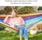 PNAEUT Handwoven Mayan Hammocks for Outside, Handwoven Thick Soft Rope Double Hammocks for Outdoor Indoor, Max 600 lbs Capacity, Tree Straps, Carabiners & Carrying Bag Included (Tropical, X-Large)