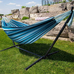 Vivere Double Cotton Hammock with Space Saving Steel Stand, Upgraded Polyester End Strings 450 lb Capacity - Premium Carry Bag Included - USA Grown Cotton (Blue Lagoon)