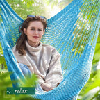 Caribbean Hammock Swing Chair with Spreader Bar, Large Hammock Chair, Hand Craft Rope Hanging Chair Outdoor, Indoor, Bedroom, 330 LBS Weight Capacity, Blue