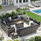 Aoxun Patio Furniture Sets, 15-Piece Outdoor Patio Furniture with 44'' Propane Gas Firepit Table, Wicker Outdoor Conversation Set Sectional Sofa for Backyard, Poolside, Garden