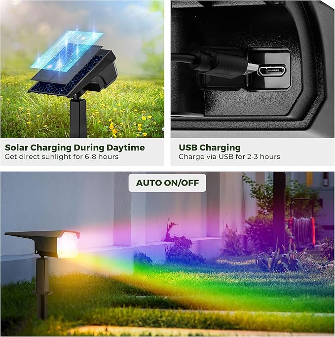 Kingsyard Solar Color Changing Lights 8 Colors, USB & Solar Powered Solar Lights Outdoor Waterproof IP68, Multicolor RGB Outdoor Lights for Garden Yard Landscape Decor, 4 Pack