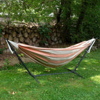 Vivere Double Sunbrella Hammock with Space-Saving Steel Stand, Heavy-Duty Portable Outdoor Hammock Set for Backyard, Patio, or Travel, Cameo