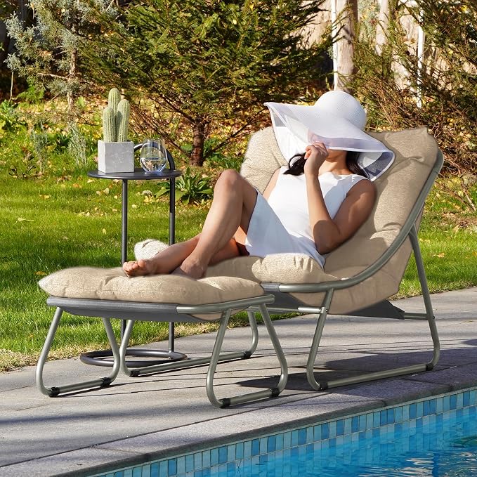 Lounge Chair with Ottoman, Champagne Grey Steel Sling Recliner