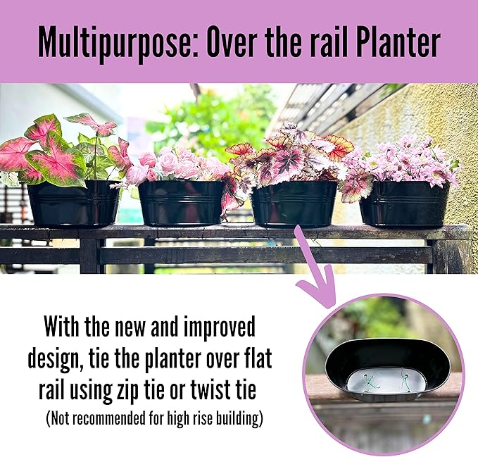LaLaGreen Rail Planter Outdoor Plants(5 Pack, 11.8 Inch) Black Metal Iron Hanging Flower Pots Deck Railings Fence Buckets Modern Countryside Boho Style Wall Mount Window Box Plant Holder Porch Decor