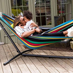 Vivere Double Cotton Hammock with Space Saving Steel Stand, Upgraded Polyester End Strings 450 lb Capacity - Premium Carry Bag Included - (Rio Night)