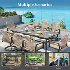 Patio Dining Set 7 Piece, 4 Woven Rattan Fixed Chairs and 2 Swivel Chairs with Waterproof Cushion, 59" Rectangular Metal Table with Umbrella Hole, Outdoor Table Set for Backyard Lawn Deck, Beige
