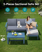 SERWALL Outdoor Sectional Sofa Set, 5-piece Outdoor Modula Couch Set with Ottoman, All Weather Patio Furniture Set with Chaise for Deck, Lawn, Blue Frame with Gray Cushion