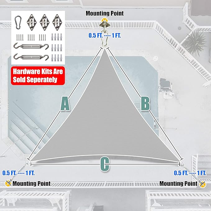 Amgo Custom Size 15' x 15' x 15' Grey Triangle Sun Shade Sail Order to Make Canopy Awning UPF50+ AGSLT, 95% UV Blockage, Water & Air Permeable, 200GSM Commercial Standard (We Customize)