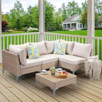Jing's Villa 5-Piece Outdoor Patio Furniture Set,Ratten Conversation Sectional Sofa w/Coffee Table, All-Weather Patio Conversation Set with Thick and Anti-Slip Cushions for Backyard,Deck,Beige