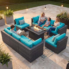 NICESOUL Extra-Large 9 Pcs Outdoor Patio Furniture Set with Fire Pit Table Natural Gas/Propane, 29.3'' High Back Deep Wide Modular Sofa Conversations with Fireplaces, 2 Color Cushion Teal Blue & Grey